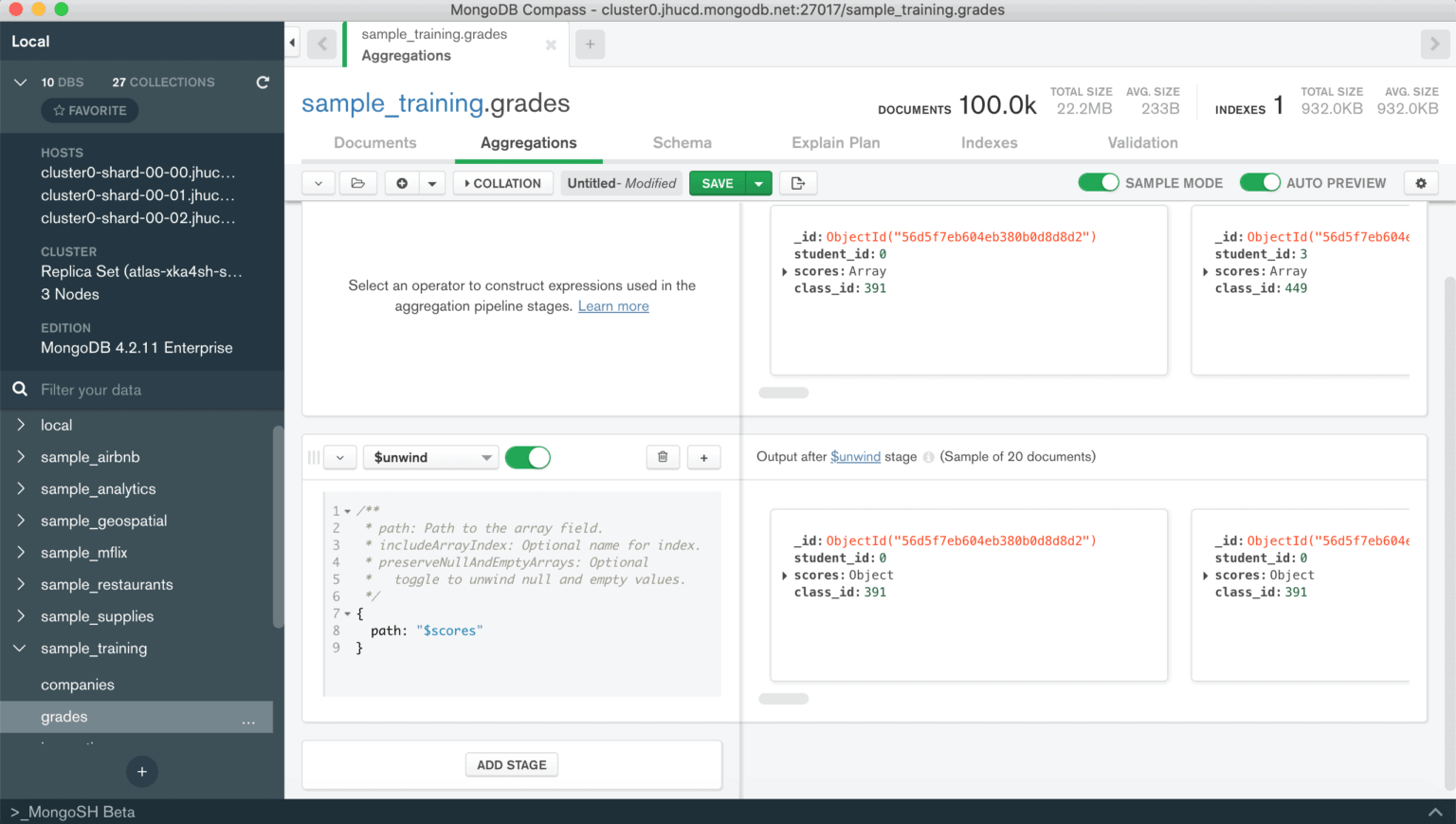 mongodb compass query project fields