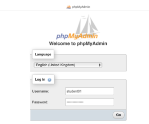 credential menu for phpMyAdmin